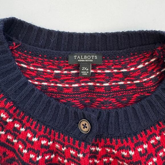 Talbots Fair Isle Lambswool Blend Cardigan Sweater Button Down Navy Red 2XP - Picture 9 of 10